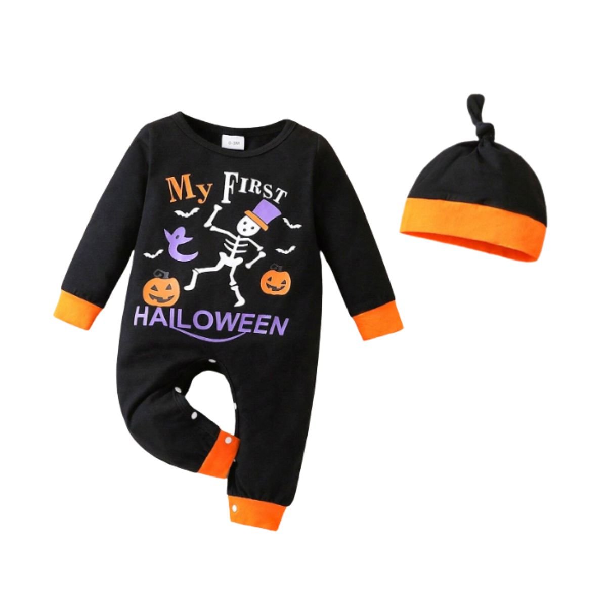 Feather & Fawn Baby Boy Halloween Romper | “My First Pumpkin” Black Long Sleeve Bodysuit (Newborn to 12 Months) Halloween