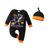 Feather & Fawn Baby Boy Halloween Romper | “My First Pumpkin” Black Long Sleeve Bodysuit (Newborn to 12 Months) Halloween