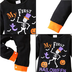 Feather & Fawn Baby Boy Halloween Romper | “My First Pumpkin” Black Long Sleeve Bodysuit (Newborn to 12 Months) Halloween