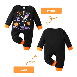 Feather & Fawn Baby Boy Halloween Romper | “My First Pumpkin” Black Long Sleeve Bodysuit (Newborn to 12 Months) Halloween
