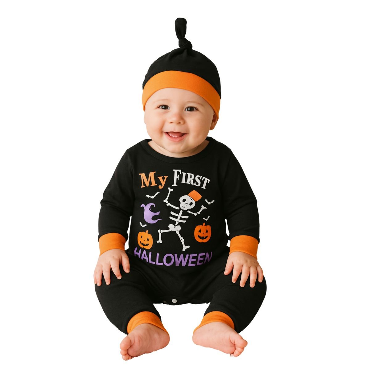 Feather & Fawn Baby Boy Halloween Romper | “My First Pumpkin” Black Long Sleeve Bodysuit (Newborn to 12 Months) Halloween