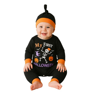 Feather & Fawn Baby Boy Halloween Romper | “My First Pumpkin” Black Long Sleeve Bodysuit (Newborn to 12 Months) Halloween