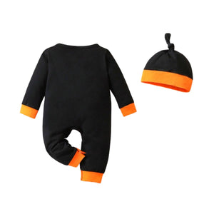 Feather & Fawn Baby Boy Halloween Romper | “My First Pumpkin” Black Long Sleeve Bodysuit (Newborn to 12 Months) Halloween