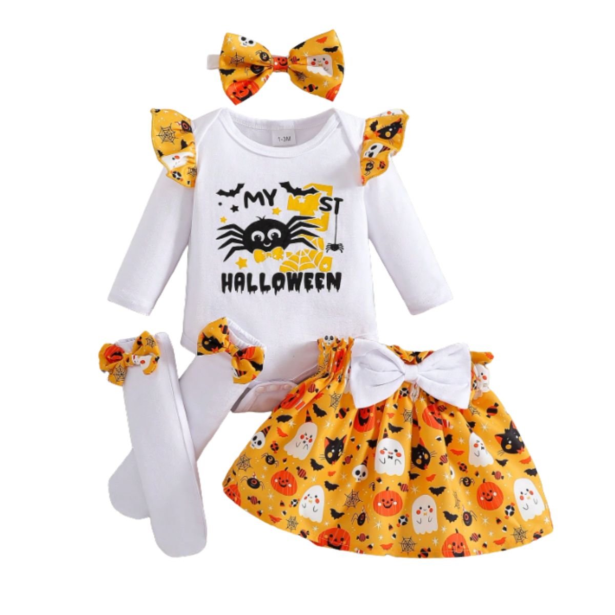 Feather & Fawn Baby Girl “My 1st Halloween” 4 - Piece Outfit Set | Romper, Tutu Skirt, Bow Headband & Leg Warmers Halloween
