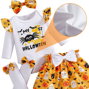 Feather & Fawn Baby Girl “My 1st Halloween” 4 - Piece Outfit Set | Romper, Tutu Skirt, Bow Headband & Leg Warmers Halloween