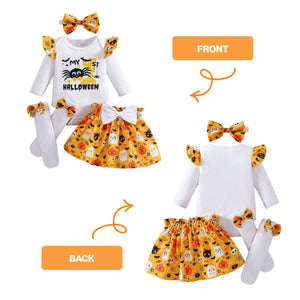 Feather & Fawn Baby Girl “My 1st Halloween” 4 - Piece Outfit Set | Romper, Tutu Skirt, Bow Headband & Leg Warmers Halloween