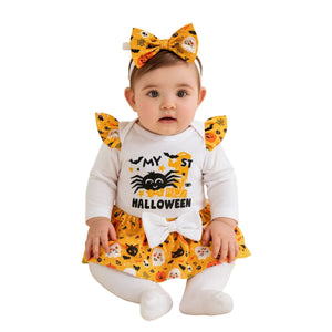 Feather & Fawn Baby Girl “My 1st Halloween” 4 - Piece Outfit Set | Romper, Tutu Skirt, Bow Headband & Leg Warmers Halloween