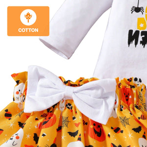 Feather & Fawn Baby Girl “My 1st Halloween” 4 - Piece Outfit Set | Romper, Tutu Skirt, Bow Headband & Leg Warmers Halloween