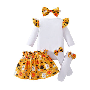 Feather & Fawn Baby Girl “My 1st Halloween” 4 - Piece Outfit Set | Romper, Tutu Skirt, Bow Headband & Leg Warmers Halloween