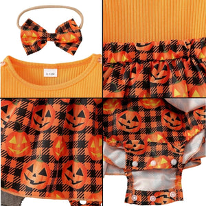 Feather & Fawn Baby Girl Pumpkin Plaid Halloween Outfit | 3 - Piece Set with Ruffle Romper, Leg Warmers & Headband Halloween