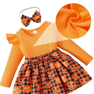 Feather & Fawn Baby Girl Pumpkin Plaid Halloween Outfit | 3 - Piece Set with Ruffle Romper, Leg Warmers & Headband Halloween