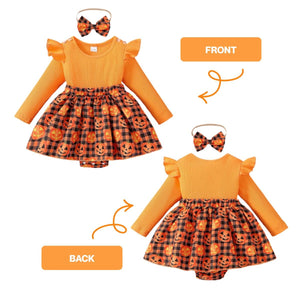Feather & Fawn Baby Girl Pumpkin Plaid Halloween Outfit | 3 - Piece Set with Ruffle Romper, Leg Warmers & Headband Halloween