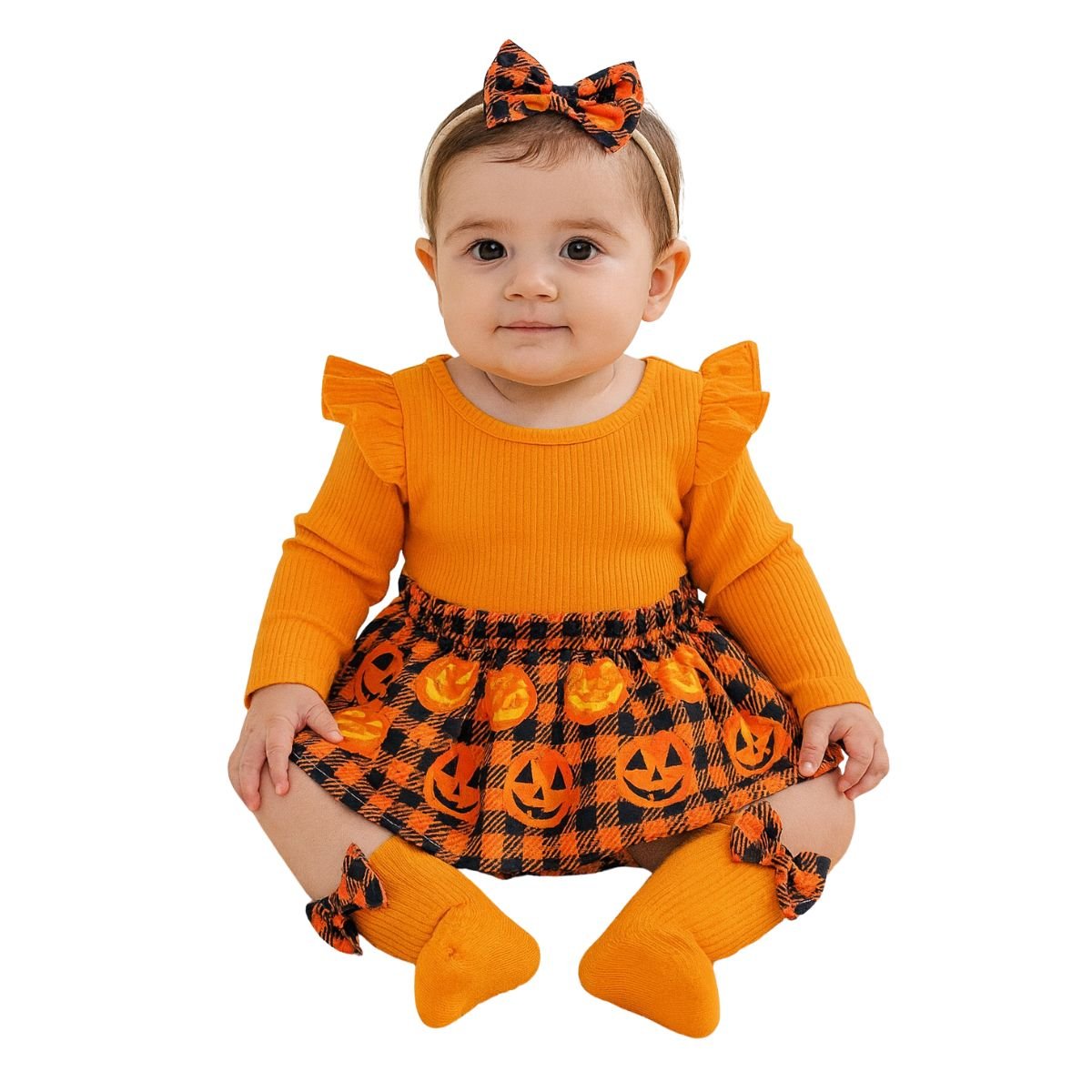 Feather & Fawn Baby Girl Pumpkin Plaid Halloween Outfit | 3 - Piece Set with Ruffle Romper, Leg Warmers & Headband Halloween