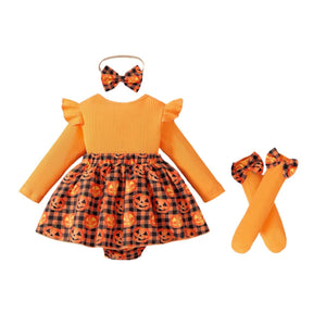 Feather & Fawn Baby Girl Pumpkin Plaid Halloween Outfit | 3 - Piece Set with Ruffle Romper, Leg Warmers & Headband Halloween
