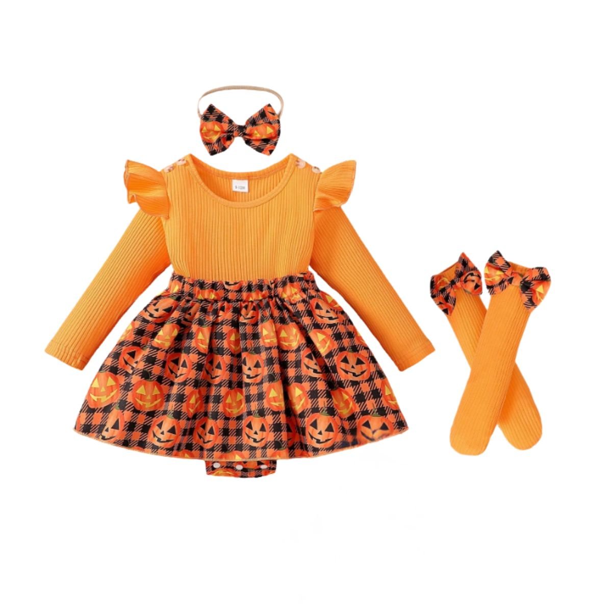 Feather & Fawn Baby Girl Pumpkin Plaid Halloween Outfit | 3 - Piece Set with Ruffle Romper, Leg Warmers & Headband Halloween