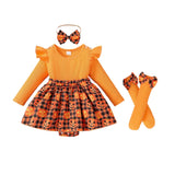 Feather & Fawn Baby Girl Pumpkin Plaid Halloween Outfit | 3 - Piece Set with Ruffle Romper, Leg Warmers & Headband Halloween
