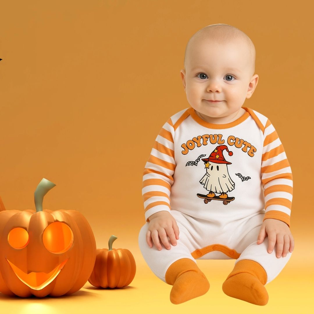 Feather & Fawn Baby Halloween Ghost Romper | “Joyful Cute” Long Sleeve Romper with Striped Sleeves Halloween