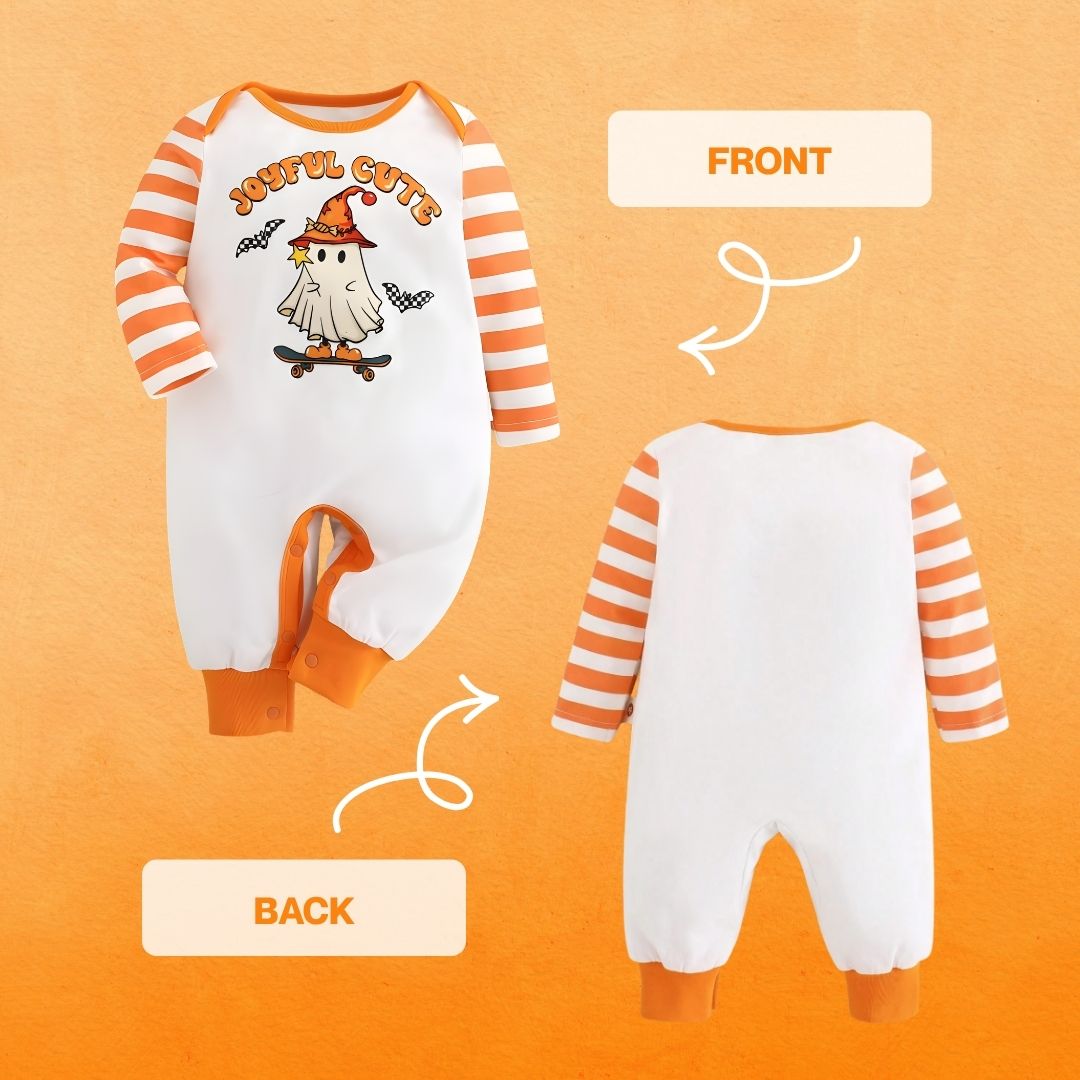 Feather & Fawn Baby Halloween Ghost Romper | “Joyful Cute” Long Sleeve Romper with Striped Sleeves Halloween