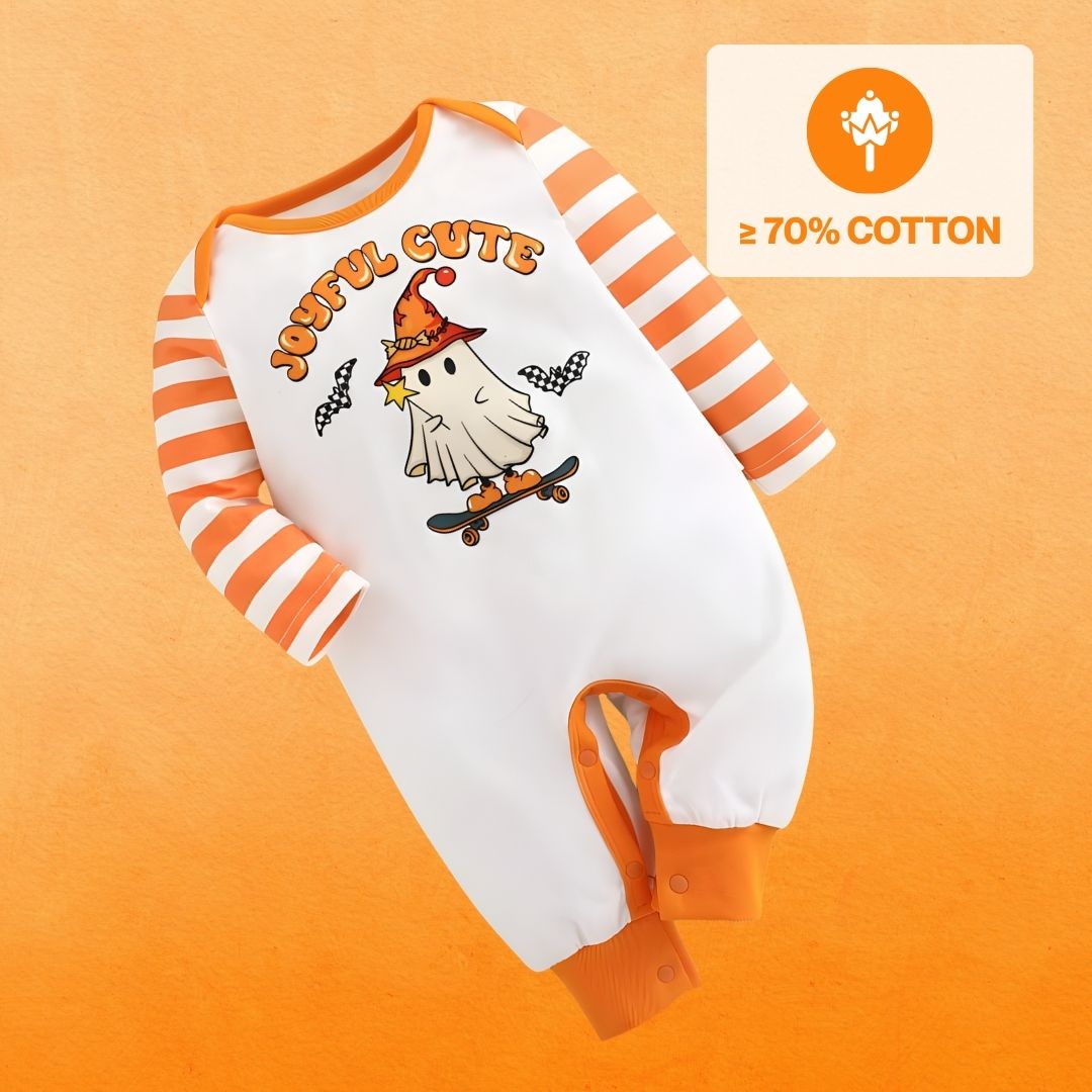 Feather & Fawn Baby Halloween Ghost Romper | “Joyful Cute” Long Sleeve Romper with Striped Sleeves Halloween