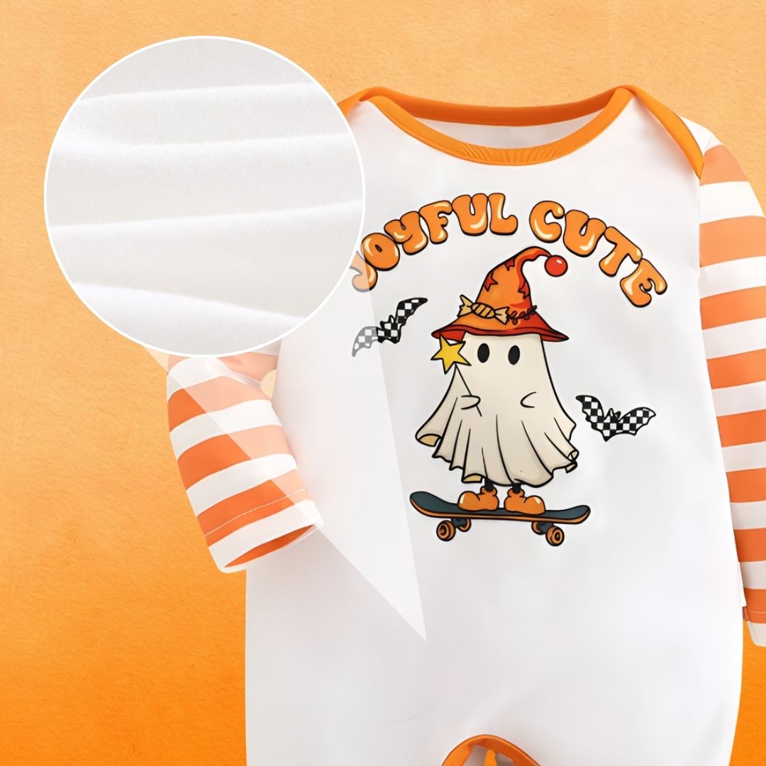Feather & Fawn Baby Halloween Ghost Romper | “Joyful Cute” Long Sleeve Romper with Striped Sleeves Halloween