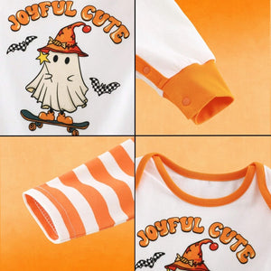 Feather & Fawn Baby Halloween Ghost Romper | “Joyful Cute” Long Sleeve Romper with Striped Sleeves Halloween