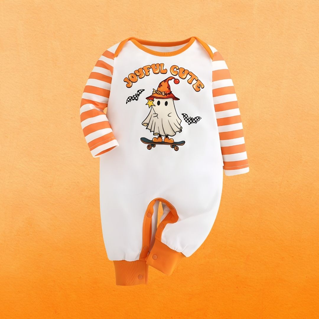 Feather & Fawn Baby Halloween Ghost Romper | “Joyful Cute” Long Sleeve Romper with Striped Sleeves Halloween