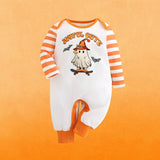 Feather & Fawn Baby Halloween Ghost Romper | “Joyful Cute” Long Sleeve Romper with Striped Sleeves Halloween