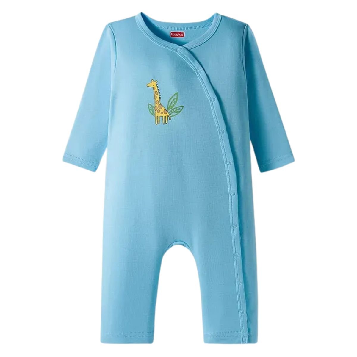 Feather & Fawn Babyhug Cotton Interlock Front - Open Romper | Animal Safari Print / Light Blue Giraffe Baby Clothes