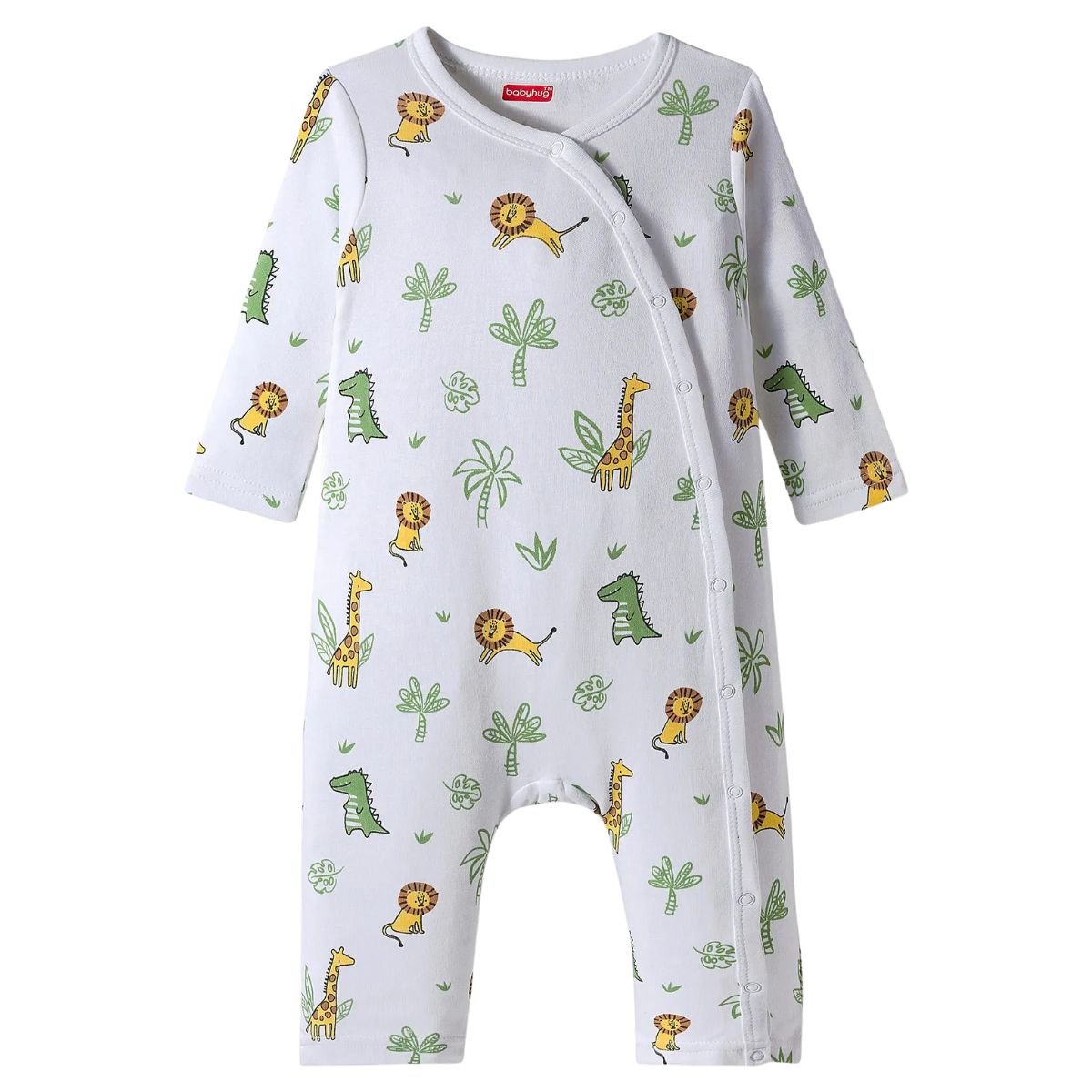 Feather & Fawn Babyhug Cotton Interlock Front - Open Romper | Animal Safari Print / Light Blue Giraffe Baby Clothes