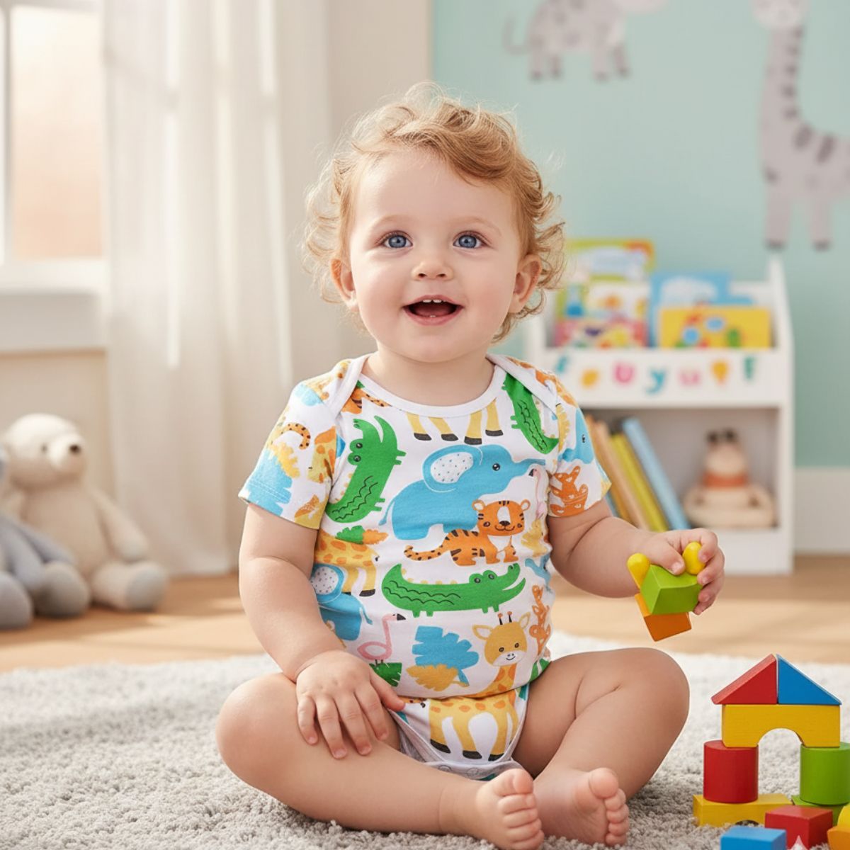 Feather & Fawn Babyhug Cotton Knit Half - Sleeve Baby Onesie | Safari Joy Ride, Jungle Animals, or Striped Baby Clothes