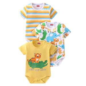Feather & Fawn Babyhug Cotton Knit Half - Sleeve Baby Onesie | Safari Joy Ride, Jungle Animals, or Striped Baby Clothes