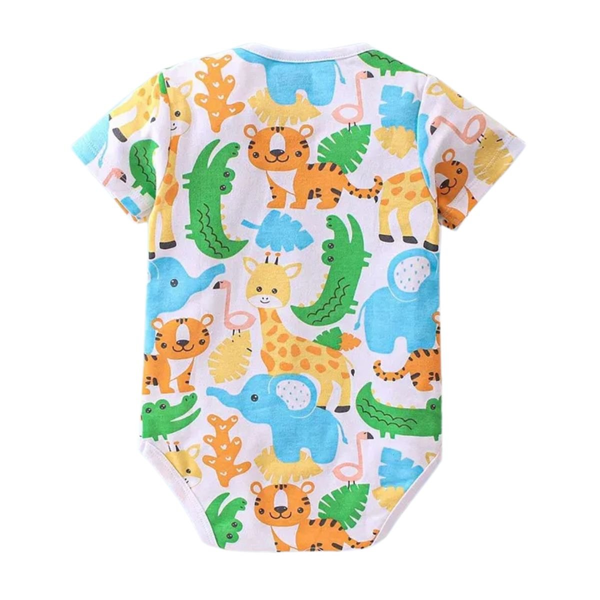 Feather & Fawn Babyhug Cotton Knit Half - Sleeve Baby Onesie | Safari Joy Ride, Jungle Animals, or Striped Baby Clothes