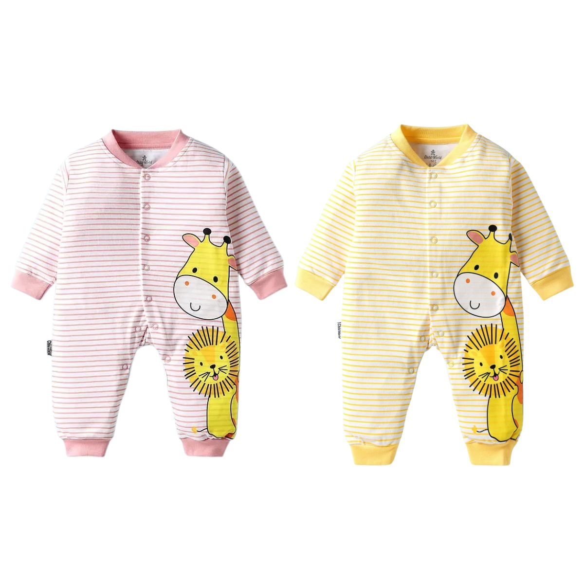 Feather & Fawn Child World Interlock Knit Full - Sleeve Striped Romper | Giraffe & Lion Print Baby Clothes