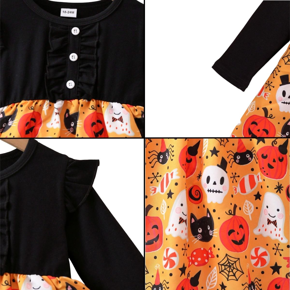 Feather & Fawn Girls Halloween Pumpkin Dress | Long Sleeve Patchwork Ruffle Trim Party Dress (2–4 Years) Halloween