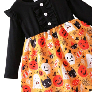 Feather & Fawn Girls Halloween Pumpkin Dress | Long Sleeve Patchwork Ruffle Trim Party Dress (2–4 Years) Halloween