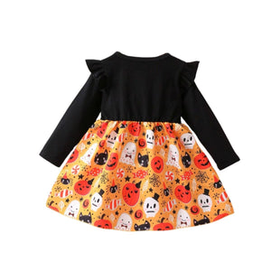 Feather & Fawn Girls Halloween Pumpkin Dress | Long Sleeve Patchwork Ruffle Trim Party Dress (2–4 Years) Halloween