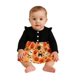 Feather & Fawn Girls Halloween Pumpkin Dress | Long Sleeve Patchwork Ruffle Trim Party Dress (2–4 Years) Halloween