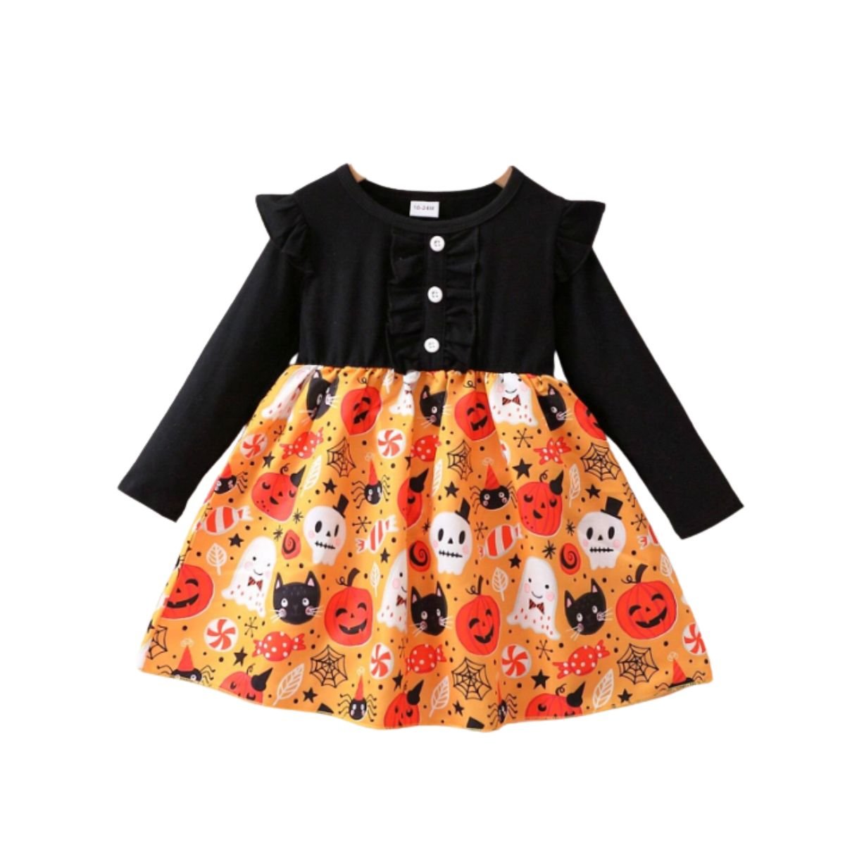 Feather & Fawn Girls Halloween Pumpkin Dress | Long Sleeve Patchwork Ruffle Trim Party Dress (2–4 Years) Halloween