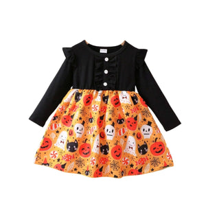 Feather & Fawn Girls Halloween Pumpkin Dress | Long Sleeve Patchwork Ruffle Trim Party Dress (2–4 Years) Halloween