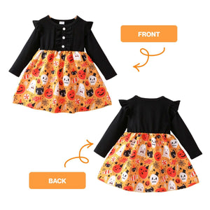 Feather & Fawn Girls Halloween Pumpkin Dress | Long Sleeve Patchwork Ruffle Trim Party Dress (2–4 Years) Halloween