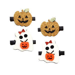 Feather & Fawn Halloween Ghost & Pumpkin Hair Clips | 4 - Piece Glitter Set Halloween