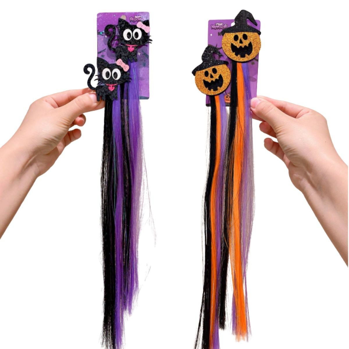 Feather & Fawn Halloween Hair Extensions Clip - On | Pumpkin Witch or Black Cat Design Halloween