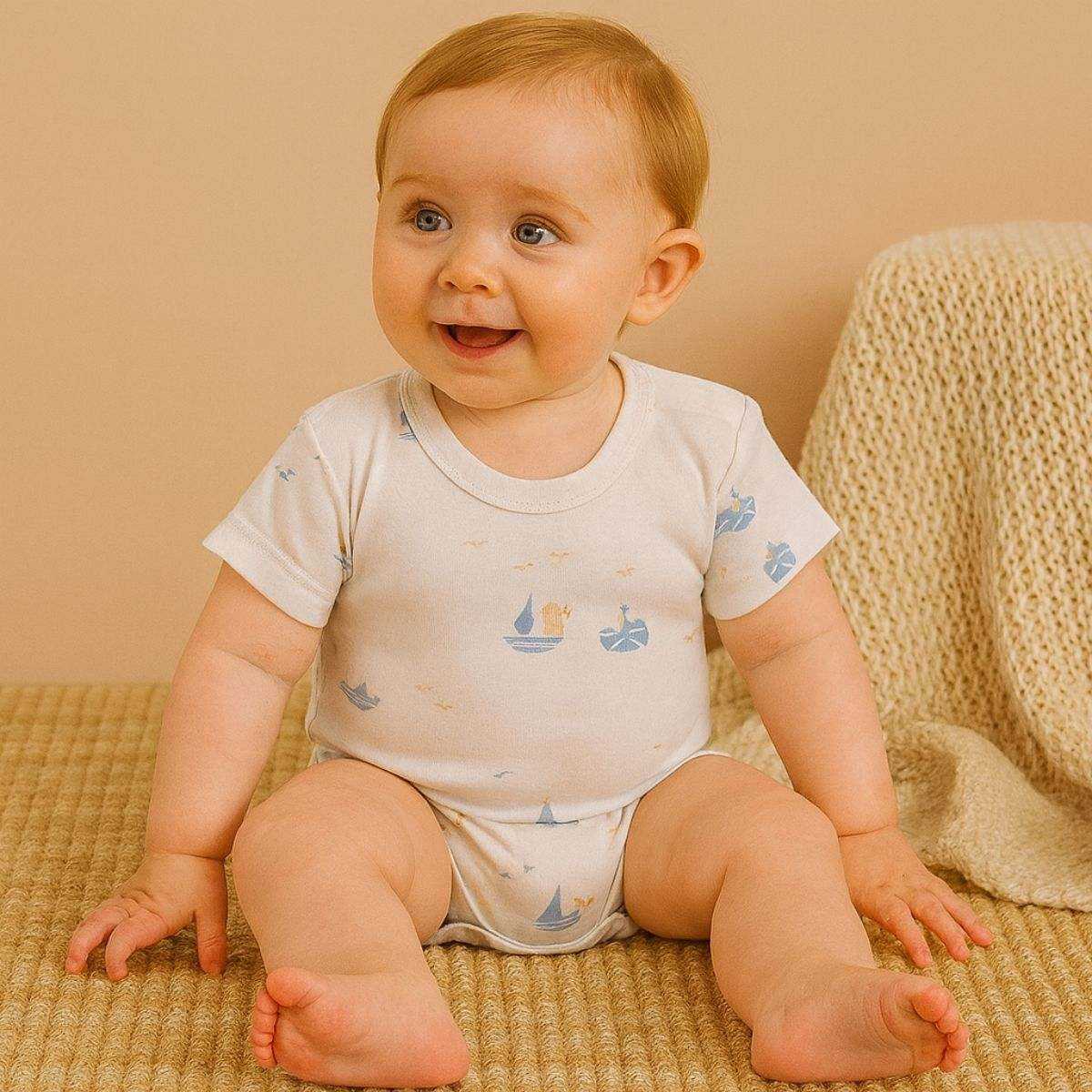Feather & Fawn Hopscotch short sleeve baby bodysuit with nautical prints