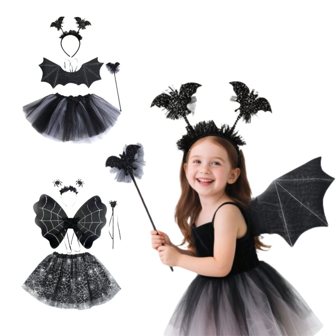 Feather & Fawn Kids Halloween Costume Set | Bat & Spider 4 - Piece Dress - Up Outfit (Wings, Skirt, Headband & Wand)