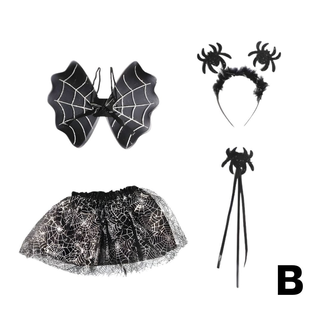 Feather & Fawn Kids Halloween Costume Set | Bat & Spider 4 - Piece Dress - Up Outfit (Wings, Skirt, Headband & Wand)