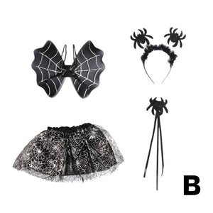Feather & Fawn Kids Halloween Costume Set | Bat & Spider 4 - Piece Dress - Up Outfit (Wings, Skirt, Headband & Wand)