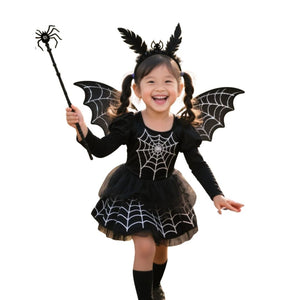 Feather & Fawn Kids Halloween Costume Set | Bat & Spider 4 - Piece Dress - Up Outfit (Wings, Skirt, Headband & Wand)
