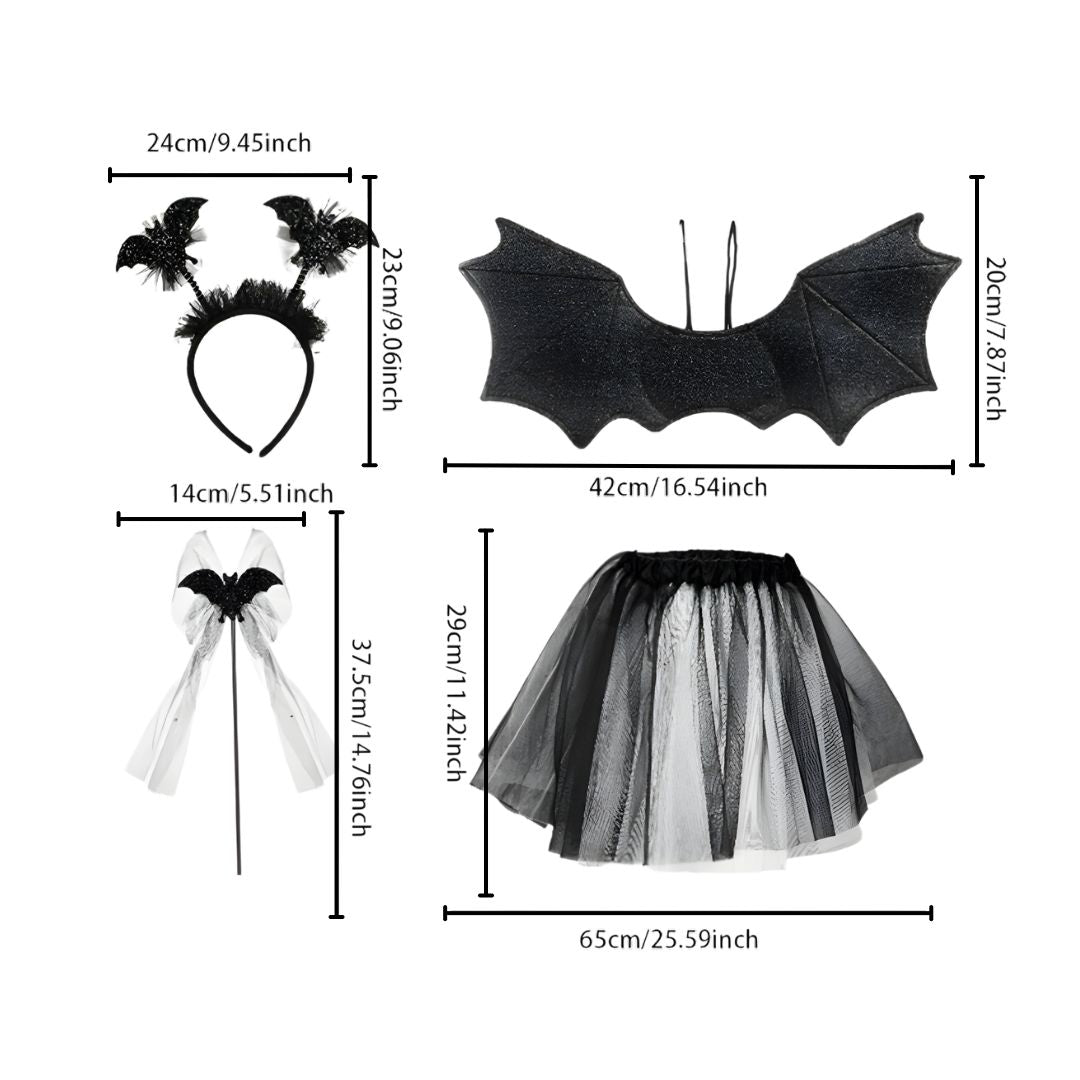 Feather & Fawn Kids Halloween Costume Set | Bat & Spider 4 - Piece Dress - Up Outfit (Wings, Skirt, Headband & Wand)