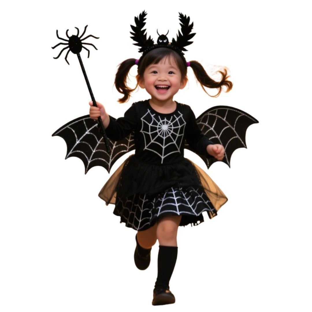 Feather & Fawn Kids Halloween Costume Set | Bat & Spider 4 - Piece Dress - Up Outfit (Wings, Skirt, Headband & Wand)