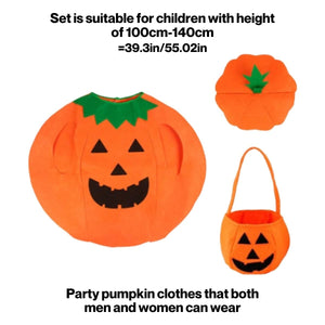 Feather & Fawn Kids Pumpkin Halloween Costume Set | 3 - Piece Outfit with Hat, Cloak & Pumpkin Bag (Fits Ages 3–10 Years) Halloween